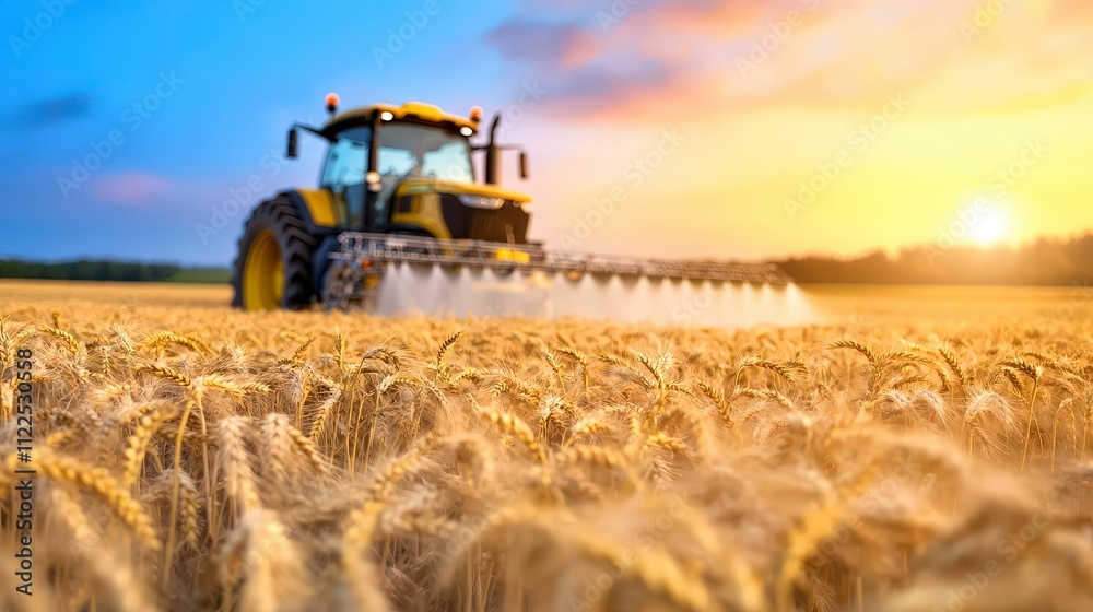 Obraz premium Tractor Spraying Wheat Field at Sunset Agriculture Farming Golden Hour