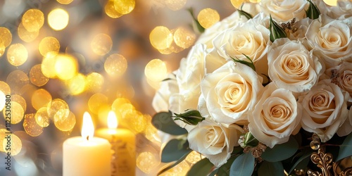 Elegant White Rose Bouquet Candle New Year s Greeting photo