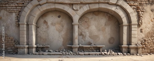 Ancient cement wall with arched niches and scattered stone debris, decay, ruin photo