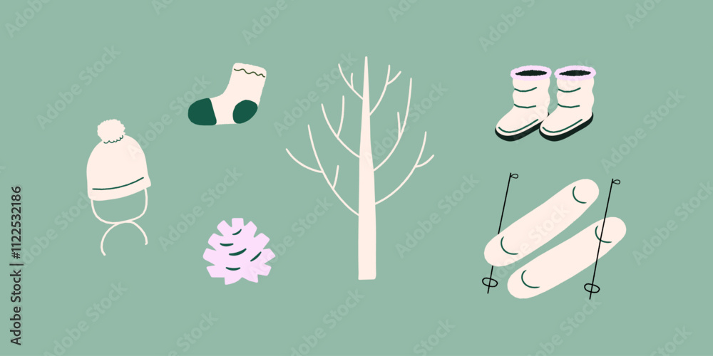Set of winter vector illustrations. Bare tree, winter wear, ski equipment. 