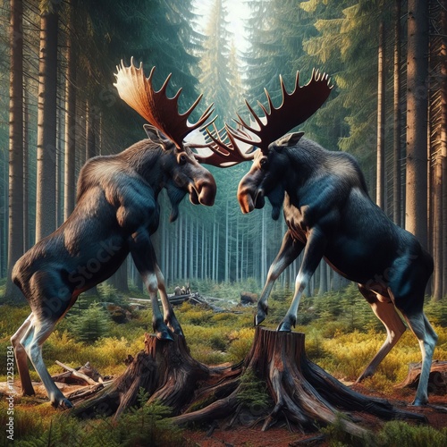 Moose fighting for dominance ; photo