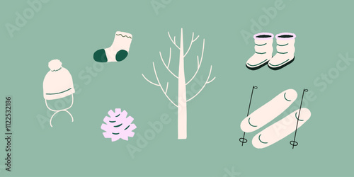 Set of winter vector illustrations. Bare tree, winter wear, ski equipment. 