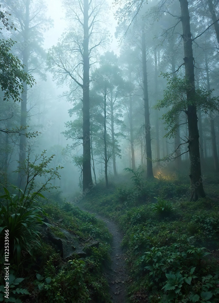 Fototapeta premium Forest floor covered in mist and overgrown vegetation with faintly lit trees, misty forest floor, natural scenery