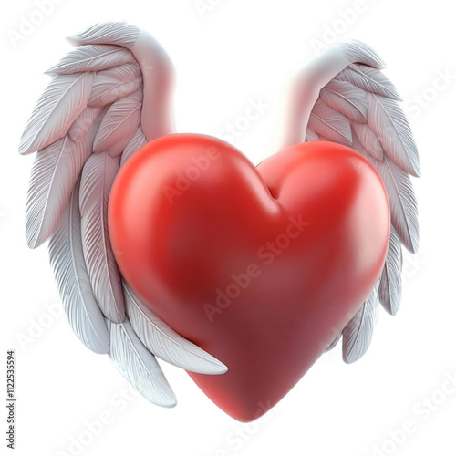 3D Illustration of a Glossy Red Heart with Intricate White Angel Wings, isolated on transparent background photo