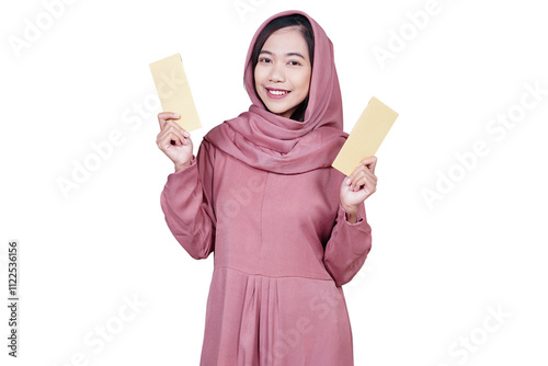 Asian muslim woman giving money envelope for thr or zakat fitrah isolated transparent photo