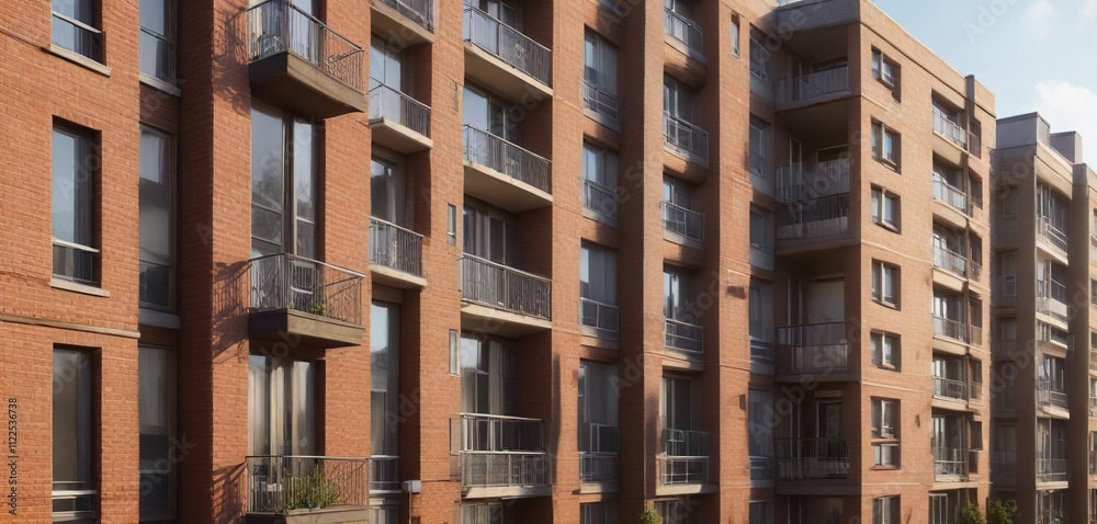 Fototapeta premium Residential block of flats with large windows and balconies in the morning, high-rise buildings, residential blocks