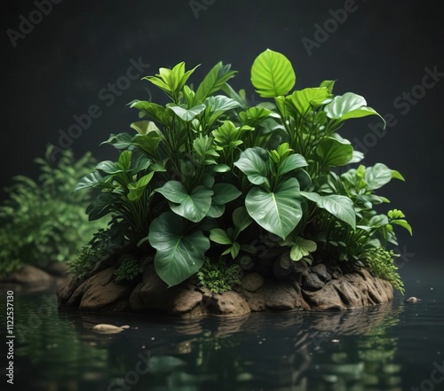 Small Anubias barteri var nana in water with other aquatic plants, plant community, small plants photo