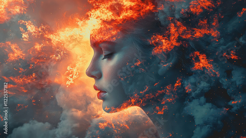 Ethereal Portrait of a Woman with Fiery Abstract Elements Representing Inner Emotions and Connection to Nature in an Artistic Visual Representation