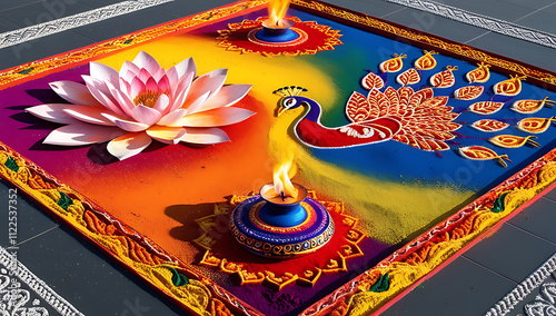 A vibrant rangoli pattern created with powdered colors, depicting sacred Indian motifs like lotus, peacock, and diya.

 photo