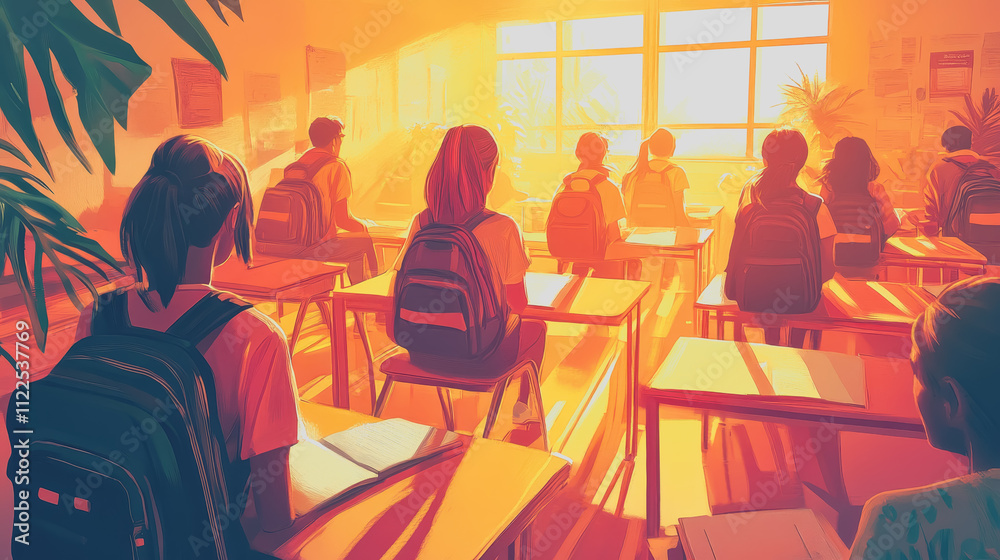 Classroom at Sunset with Students Sitting at Desks in Warm Orange Light, Backpacks on Chairs, Focused Learning Environment, Academic Atmosphere Classroom at Sunset with Students Sitting at Desks in Warm Orange Light, Backpacks on Chairs, Focused Learning Environment, Academic Atmosphere