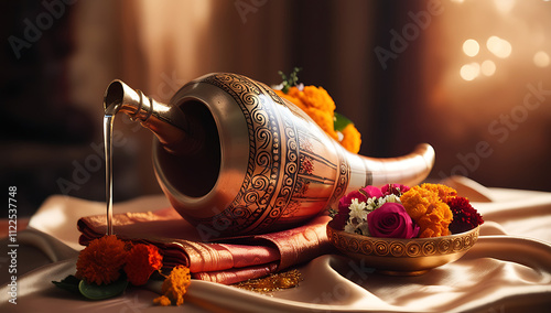 A sacred Indian conch shell (shankha) with intricate carvings, resting on a silk cloth and surrounded by holy water and flowers.

