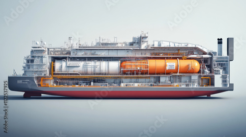 Cross section of LNG carrier showcasing intricate design and engineering. detailed view highlights storage tanks, machinery, and structural components essential for transporting liquefied natural