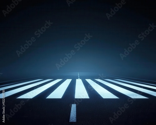 Dark road with faint traces of a crosswalk, barely visible under the moonlight, ghost crosswalk, urban specter