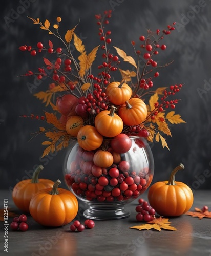 group of small pumpkins and red berries arranged in a decorative glass vase with fall leaves and twigs, pumpkins, red berries photo