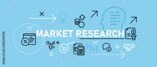Market research consumer survey marketing plan data product and consumer fit service web header illustration concept with icon flat bright blue color