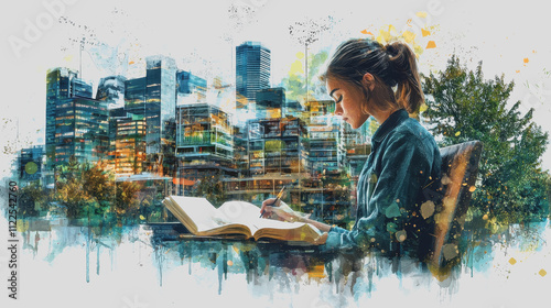 Young woman writing in a book against an abstract urban skyline background, artistic representation blending nature and city life