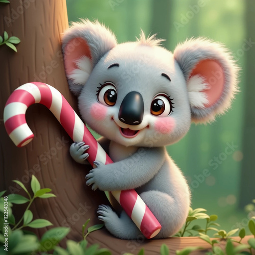 A baby koala hugging a candy cane as it clings to a smooth photo