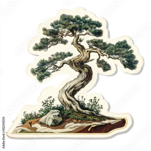 Vintage scrapbook style collage paper sticker cutout of a bonsai tree on white background photo