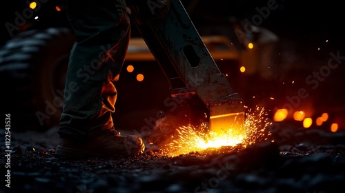 Nighttime Construction: Worker Using a Jackhammer with Fiery Sparks photo