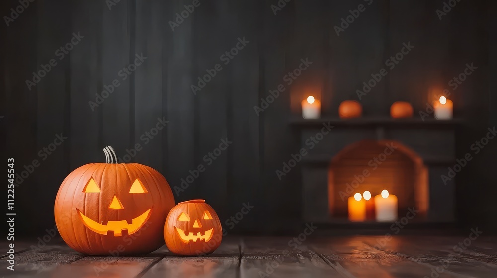 Fototapeta premium Spooky Halloween Jack o lanterns Candles Fireplace Autumn Dark Festive October Hol