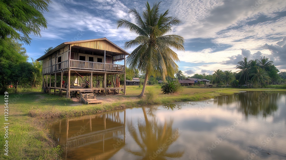 Elevated Wooden House Beside Calm Water And Palm Tree Elevated Wooden House Beside Calm Water And Palm Tree