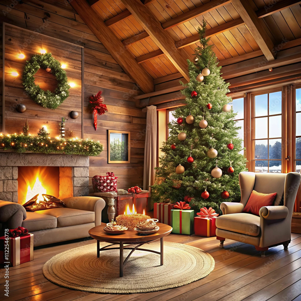 A cozy chalet living room adorned with Christmas decorations, featuring A cozy chalet living room adorned with Christmas decorations, featuring