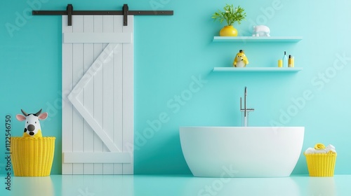 Farmthemed kids bathroom with barn door, cowpatterned bathtub, countryside ambiance, cute details photo