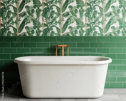 Charming kids bathroom with jungle animal tiles, green leafy wallpaper, and a treetrunk inspired bathtub photo