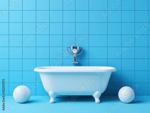 Sportsthemed kids bathroom with ball motifs, trophyshaped bathtub, playful athletic atmosphere photo