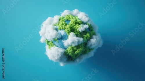 A vibrant, stylized globe surrounded by fluffy clouds and lush greenery, symbolizing a healthy, sustainable planet.