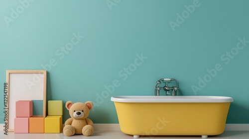 Toylandthemed kids bathroom with toy block tiles, teddy bearshaped bathtub, and playful accessories photo