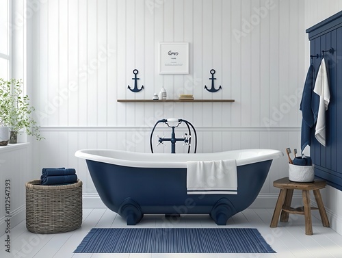 Nauticalthemed kids bathroom with anchor motifs, shipshaped bathtub, blue and white color scheme photo