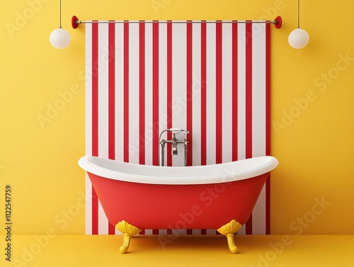 Circusthemed kids bathroom with bright red and yellow decor, clownshaped bathtub, lively ambiance photo