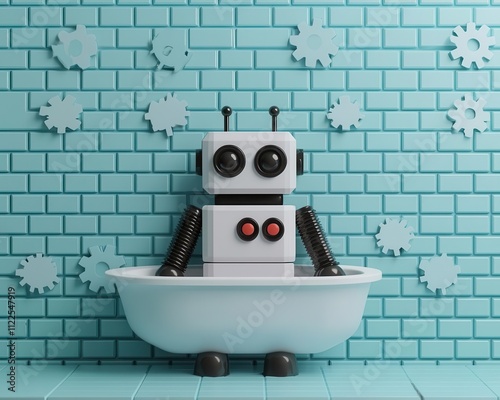 Robotthemed kids bathroom with gearshaped tiles, robot bathtub, and metallic accents, futuristic look photo