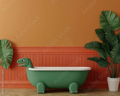 Dinosaurthemed kids bathroom with fossilpatterned tiles, TRexshaped bathtub, prehistoric elements photo