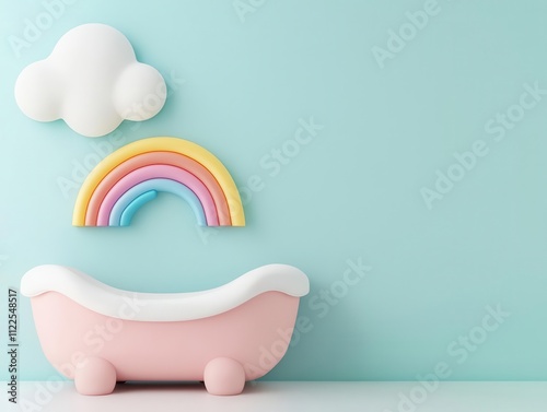 Dreamy cloudthemed kids bathroom with fluffy cloud tiles, rainbowshaped bathtub, and sky decor photo