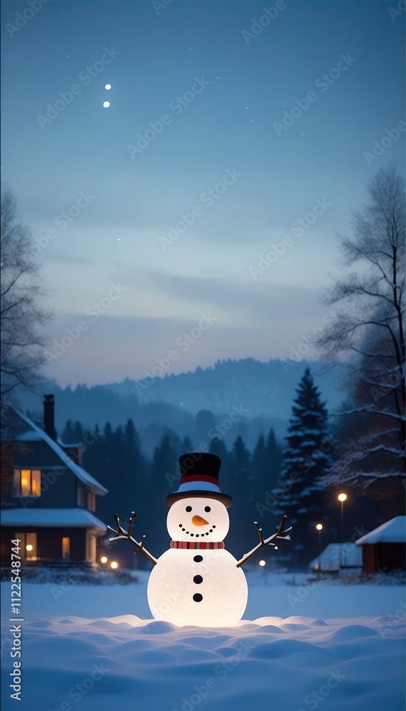 Obraz premium Illuminated Snowman Winter Night Scene Snowy Homes Festive Lights