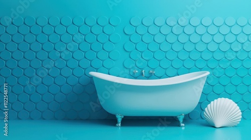 Aquaticthemed kids bathroom with mermaidscale tiles, seashellshaped bathtub, underthesea atmosphere photo