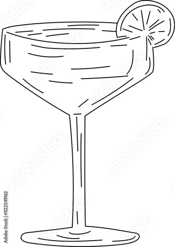 Line Art of Cocktail Glass with Ice and Garnish.