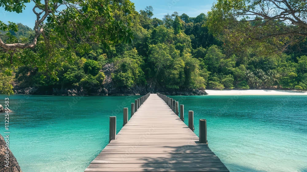 Fototapeta premium Travel image showing a wooden pier leading into the turquoise ocean on an exotic beach