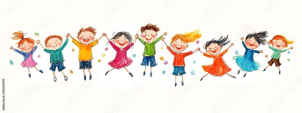 Fototapeta premium Cute cartoon children's drawing of many happy kids holding hands and jumping, white background, colorful , simple hand drawn style,