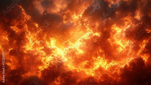 A dramatic display of fiery clouds, resembling a sunset or an explosion.
