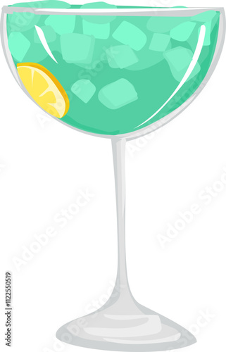 Illustration of a light green cocktail in a stemmed glass with ice cubes and a lemon slice.