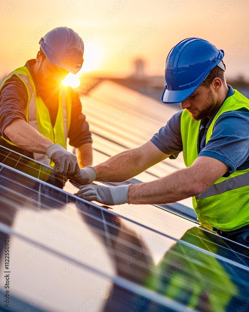 Solar engineers technicians concept. Two workers installing solar panels under a sunset, wearing safety gear and helmets.