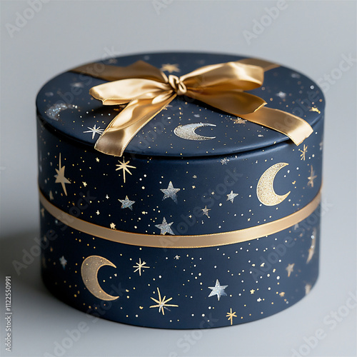 A round gift box in navy-blue with silver sta photo