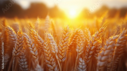 A golden wheat field illuminated by sunset, showcasing nature's beauty and agricultural bounty.