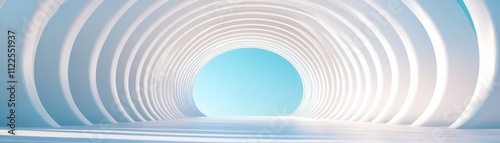 A serene, futuristic tunnel with soft lighting and curved white walls leading to a bright blue horizon.