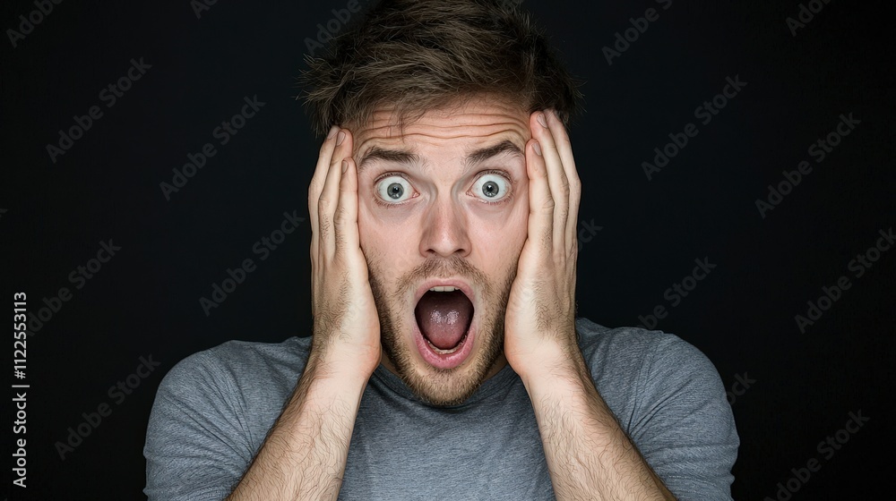 Shocked Man Amazement Surprise Fear Wide Eyes Open Mouth Hands on Face Grey T Shirt Shocked Man Amazement Surprise Fear Wide Eyes Open Mouth Hands on Face Grey T Shirt