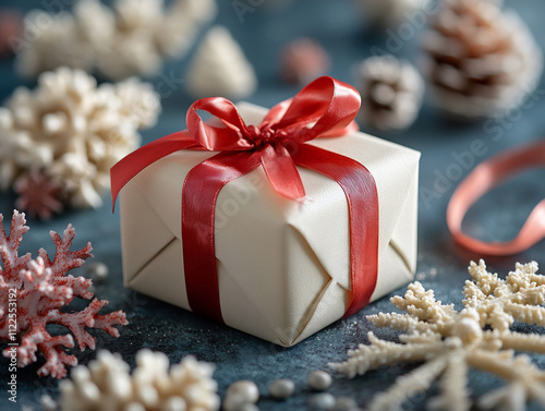 A tubular coral gift box with a thin red ribb photo