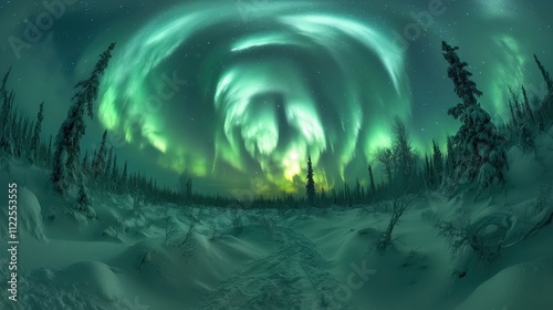 A mesmerizing display of the aurora borealis over a snowy landscape.